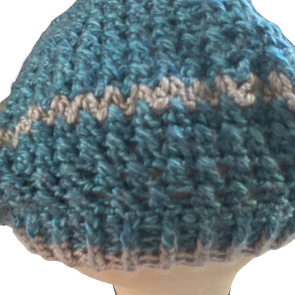Hand-Crocheted Light Blue Cream Beanie Hat
